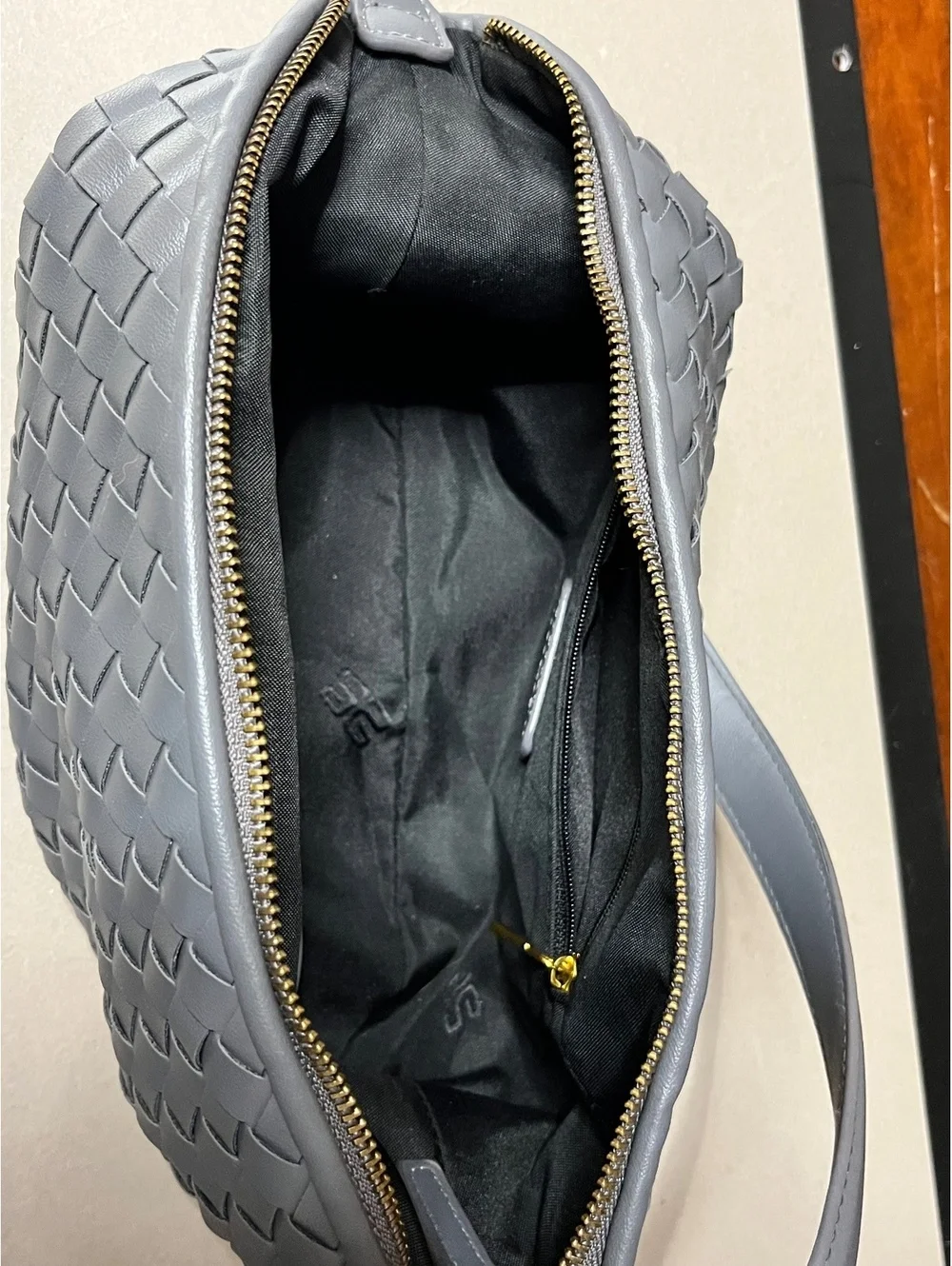 Chic Gray Woven Leather Shoulder Bag with Gold Hardware